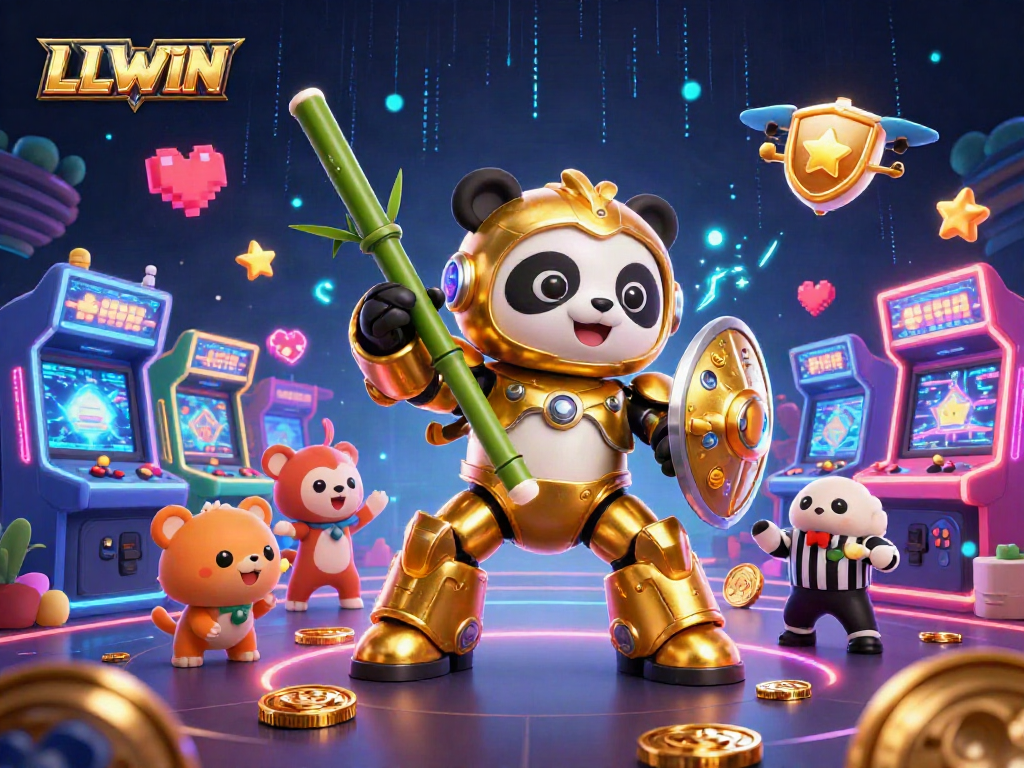 Engage with LLWIN in a vibrant 3D casino scene featuring a mech-suit panda and dynamic game elements.