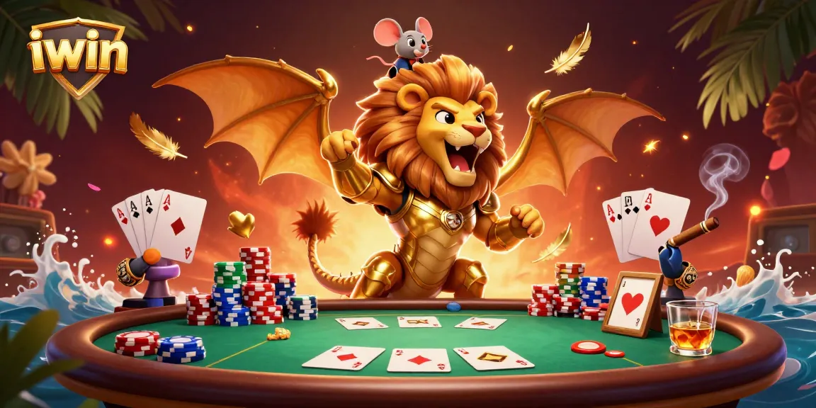 iwin-themed 3D illustration with a chimera creature and poker elements, capturing casino action