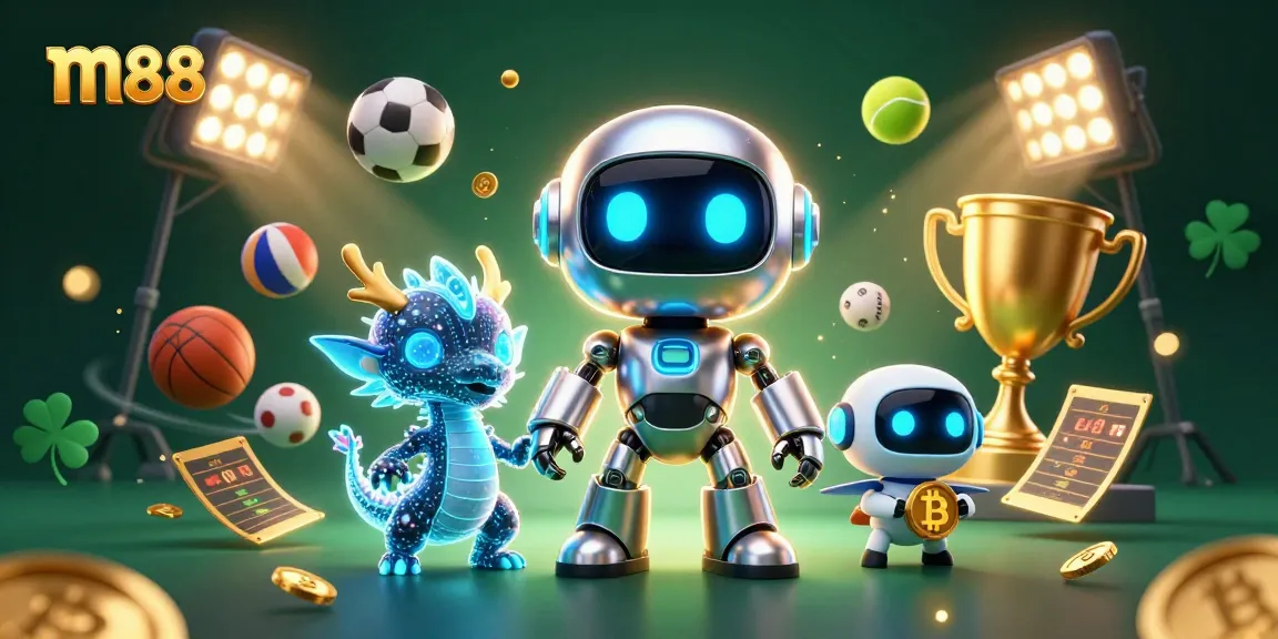Bet on thrilling games at m88 with a cyberpunk robot mascot and exciting sports elements!