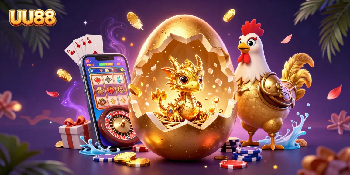 Experience vibrant gaming action with UU88, featuring a golden dragon and poker chips amidst a colorful slot game background.