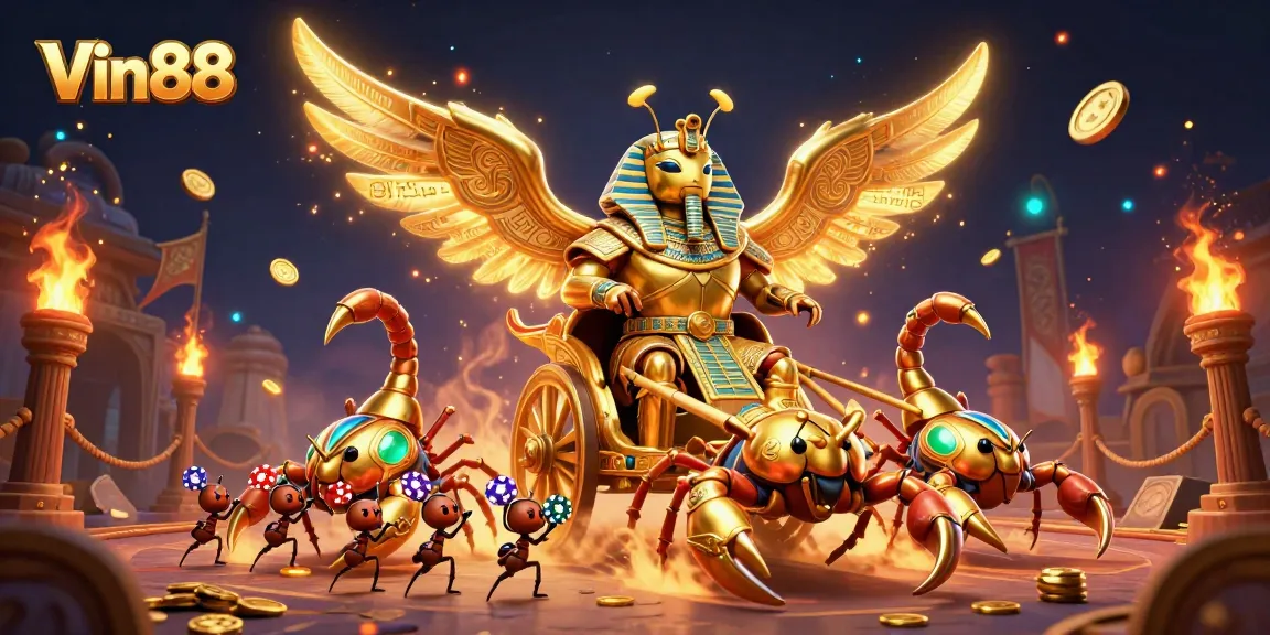 Vin88 showcases an exciting casino scene with a golden scarab beetle chariot racing through ancient decorations.