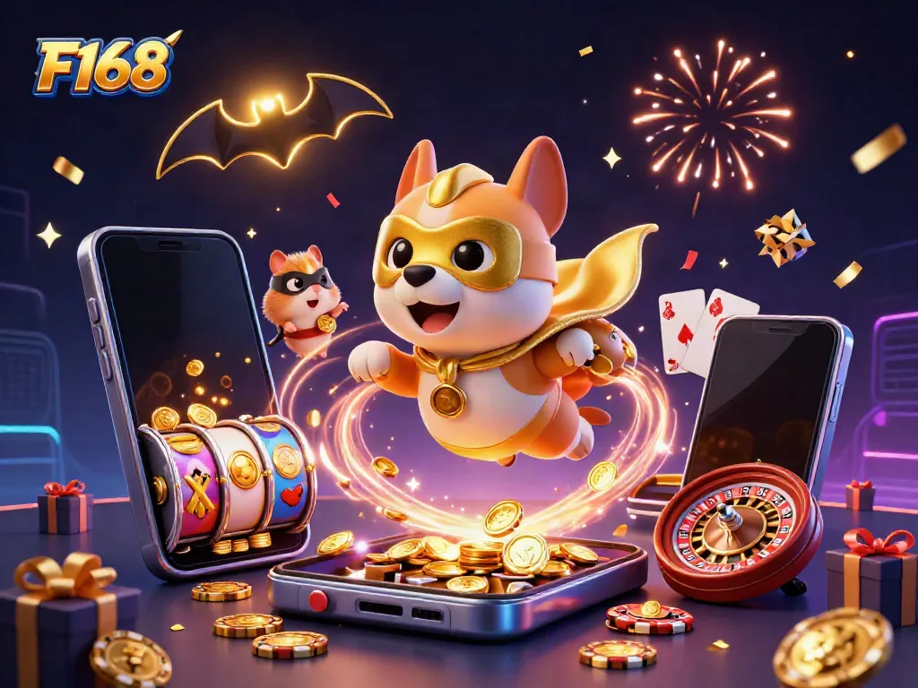 Experience thrilling adventures with F168 as a superhero dog and sidekick hamster in an action-packed casino scene.