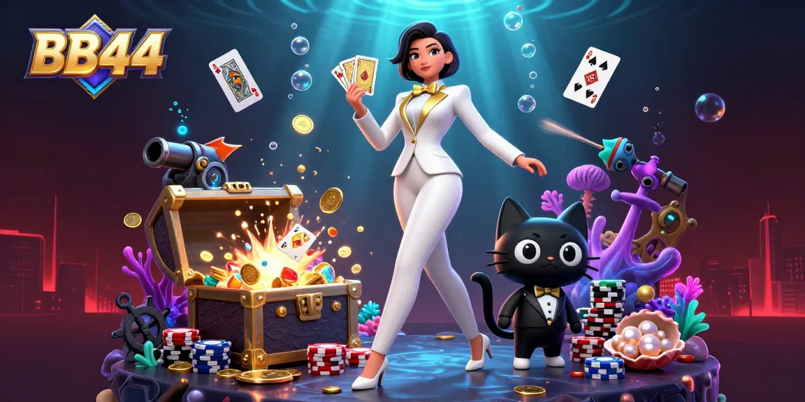 Engage in thrilling gaming at BB44, featuring a glamorous dealer and rich casino elements.