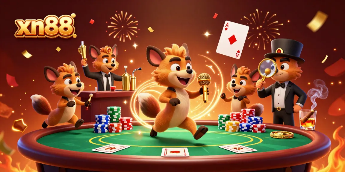 View the lively xn88 casino scene featuring hyenas in action with poker elements and vibrant atmosphere.