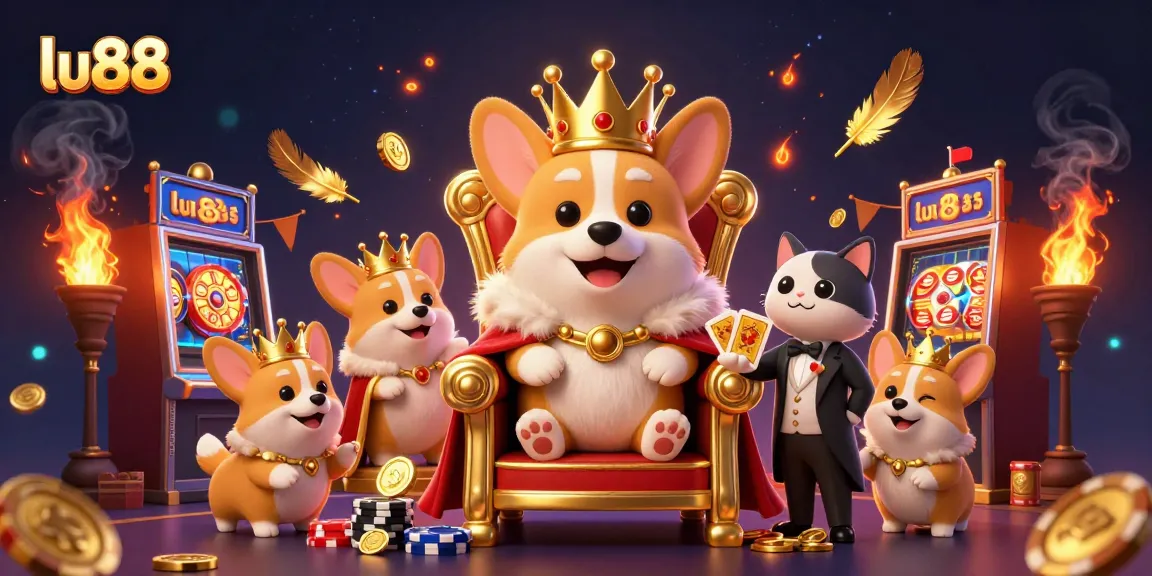 lu88 celebrates winning spins with a royal corgi in a lively casino setting, rich with golden elements