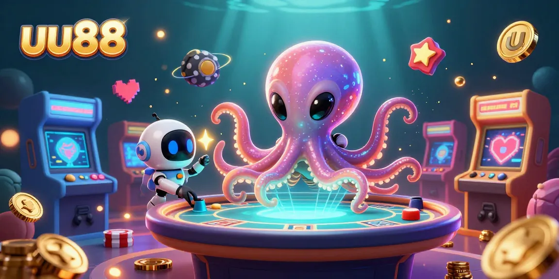 Experience thrilling gameplay at uu88 with an alien octopus and poker hologram in a rich casino setting.
