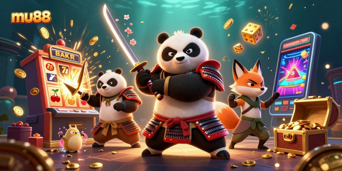 Experience thrilling gaming adventures at mu88 with samurai panda and ninja fox among vibrant slot machines.
