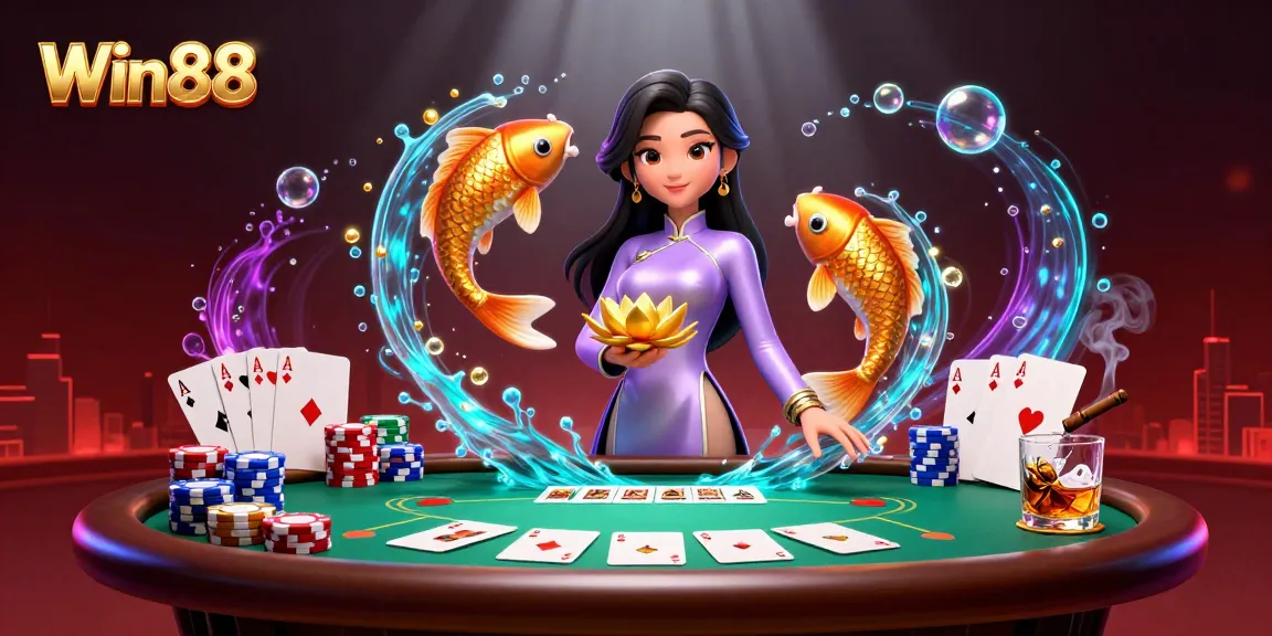 Engage in exhilarating poker games at Win88, featuring vibrant casino atmosphere and dynamic character interactions.