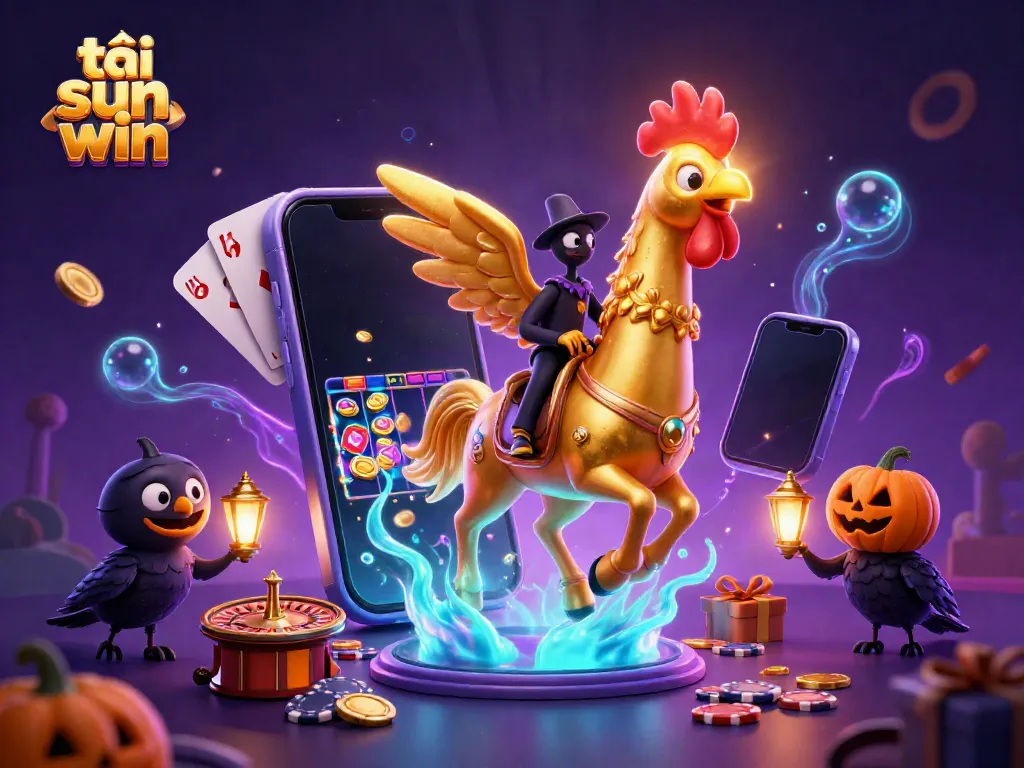 Engage in fun by tải sun win through a vibrant casino scene with golden rooster characters and exciting game elements.