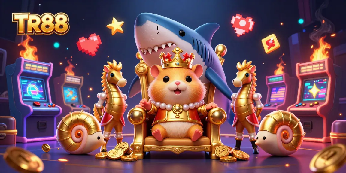 Experience TR88’s gaming adventure with a fierce hamster king and vibrant arcade elements.