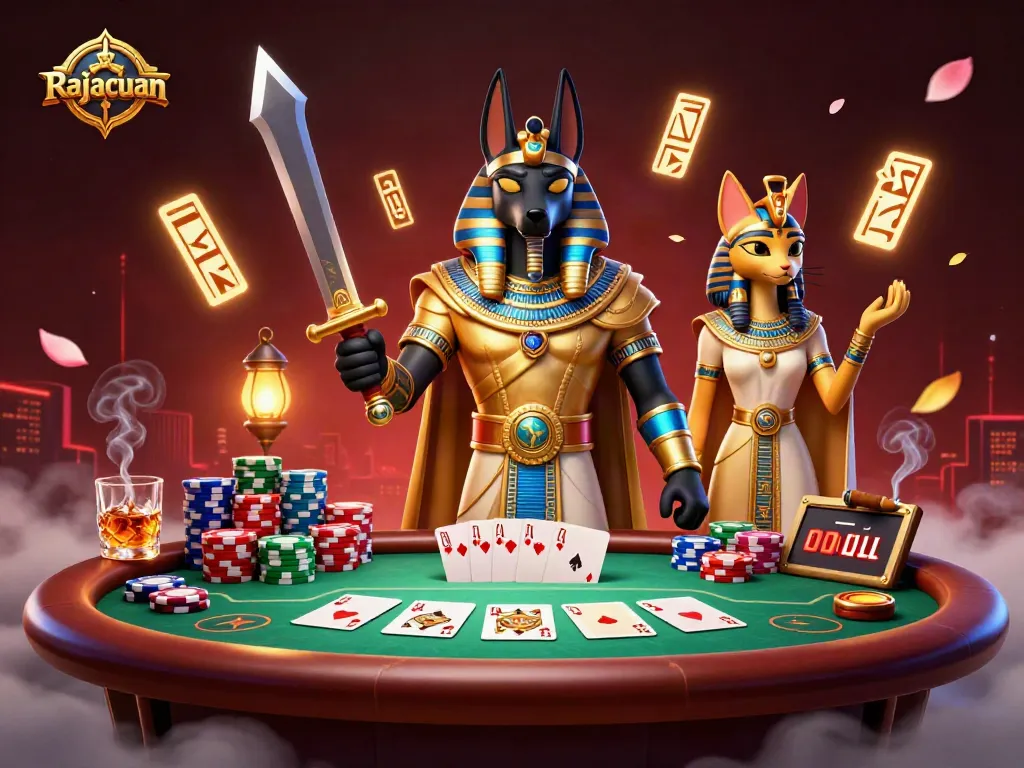 Rajacuan players experience a vibrant atmosphere with Anubis, poker elements, and glowing hieroglyphs in action.