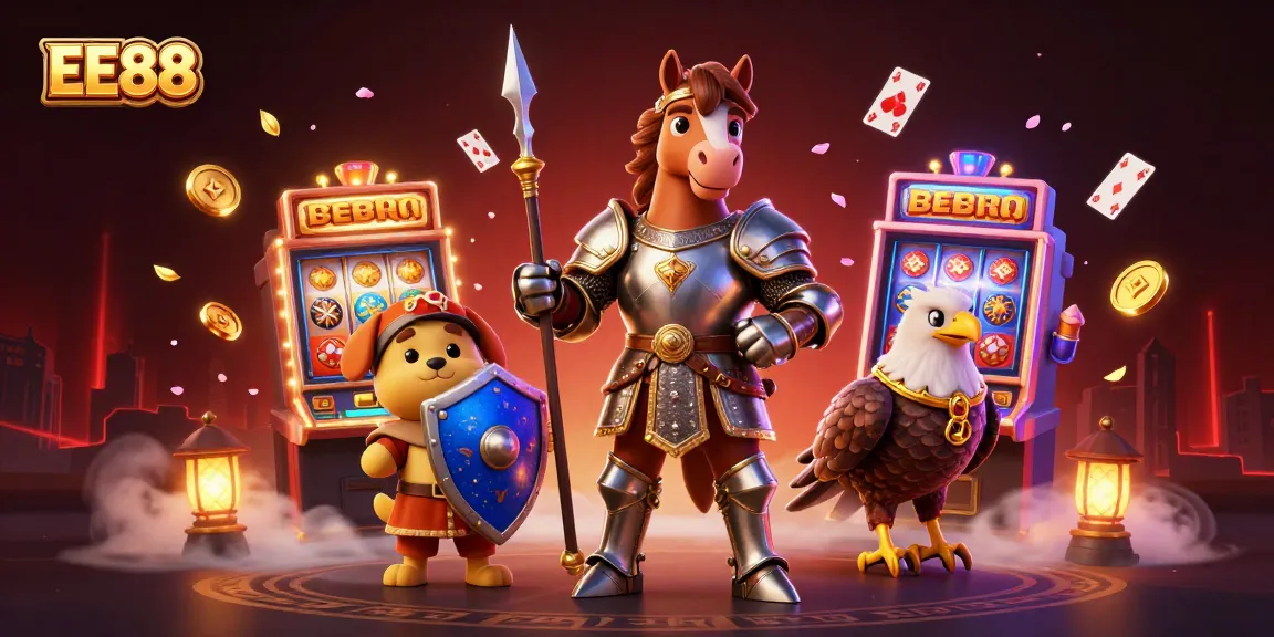 Experience thrilling gaming moments at EE88 with a vibrant 3D illustration showcasing knights, slot machines, and vibrant casino elements.