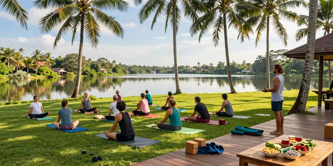 Practitioners at https://lankayoga.lk engaging in a serene yoga class by Koggala Lake, surrounded by nature.