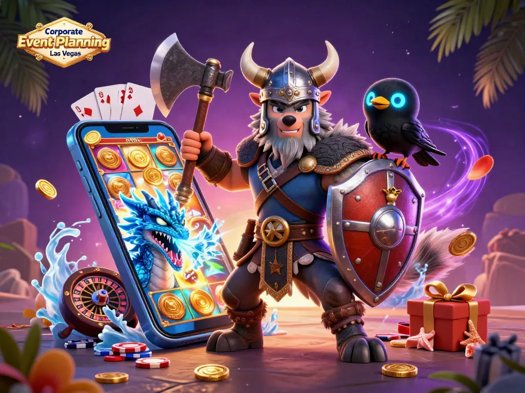 Engage with Corporate Event Planning Las Vegas in this dynamic casino-themed illustration featuring characters and gaming elements.