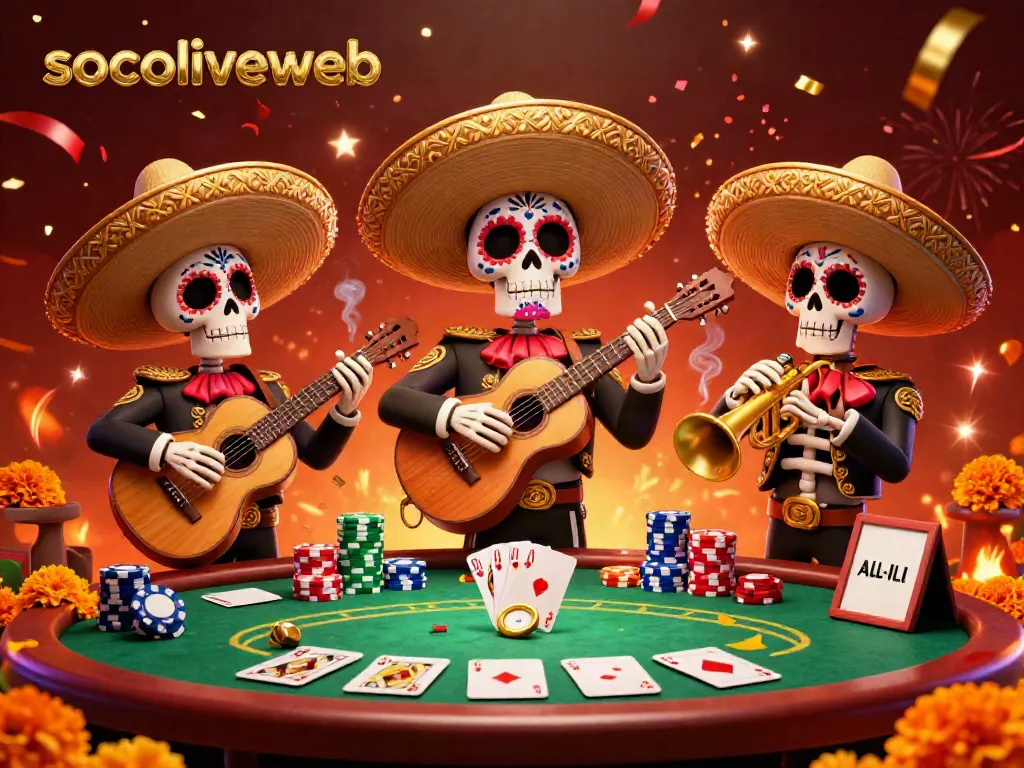 Socoliveweb captures the vibrant Day of the Dead mariachi band surrounded by poker elements, creating an engaging gambling scene.