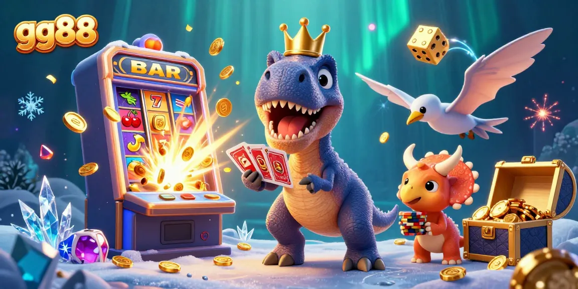 gg88's exciting gaming scene with a T-Rex shuffling cards and vibrant slot machine action.
