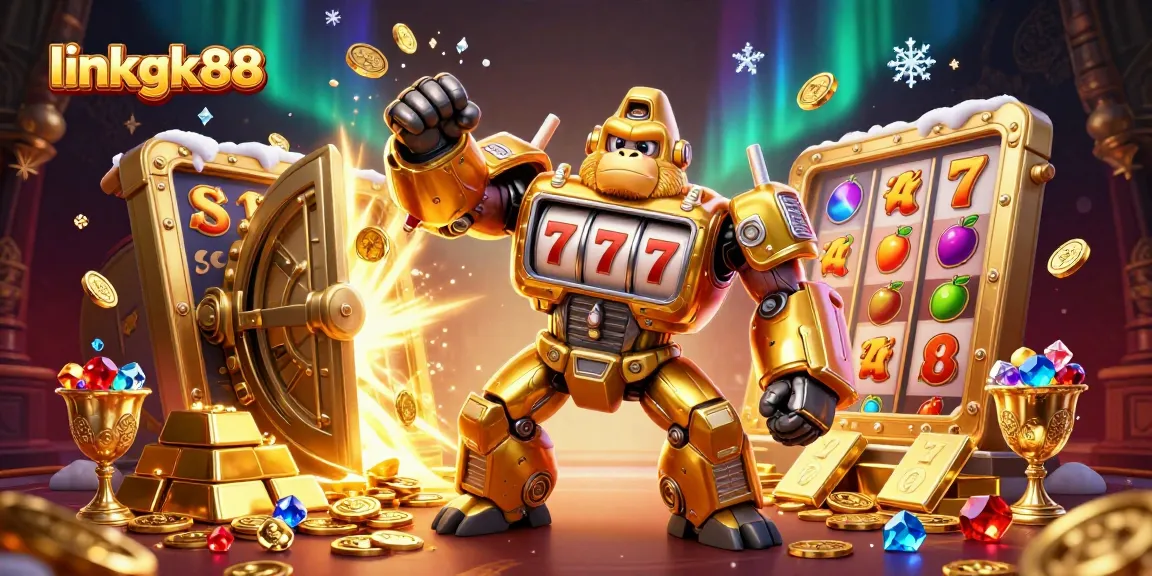Linkgk88 showcases a dynamic 3D casino scene with a golden gorilla mech and slot machine parts.