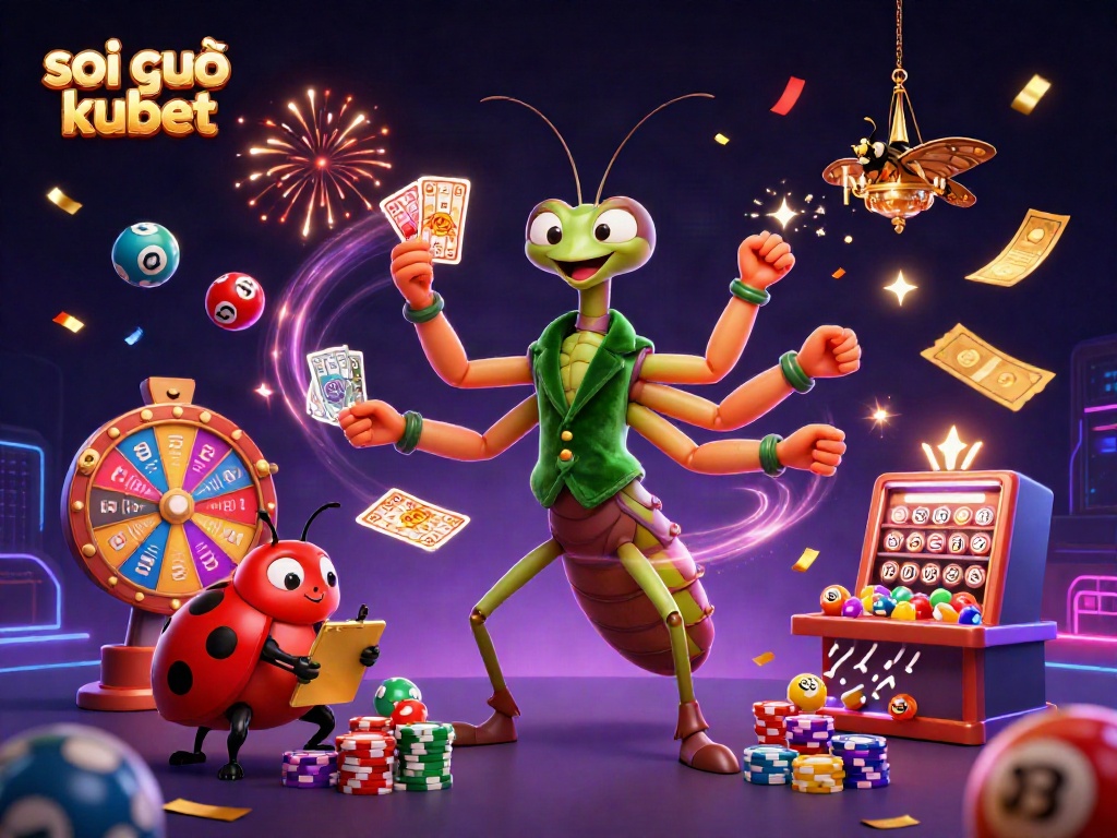 Experience the thrill of soi cầu kubet with vibrant lottery elements and joyful characters celebrating in a casino.