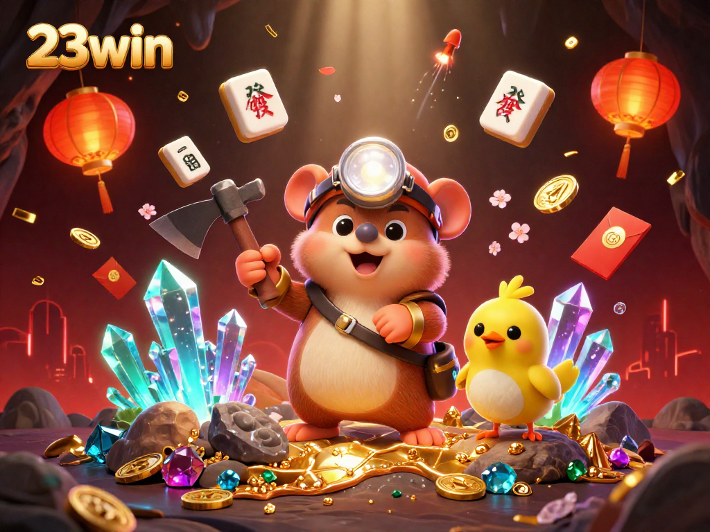Engage with 23win's vibrant gaming experience featuring a treasure hunter and entertaining elements within a dynamic casino scene.