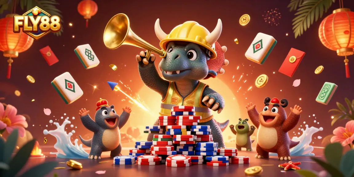 FLY88 brings excitement with triceratops and friends celebrating big wins at a vibrant casino.