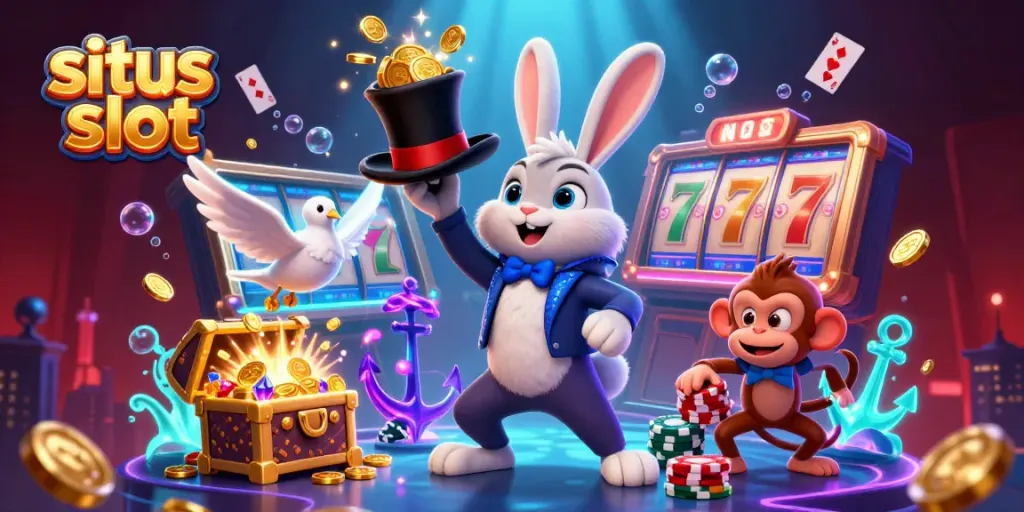 Experience situs slot excitement with a 3D cartoon magician rabbit pulling coins from a top hat alongside playful casino characters.