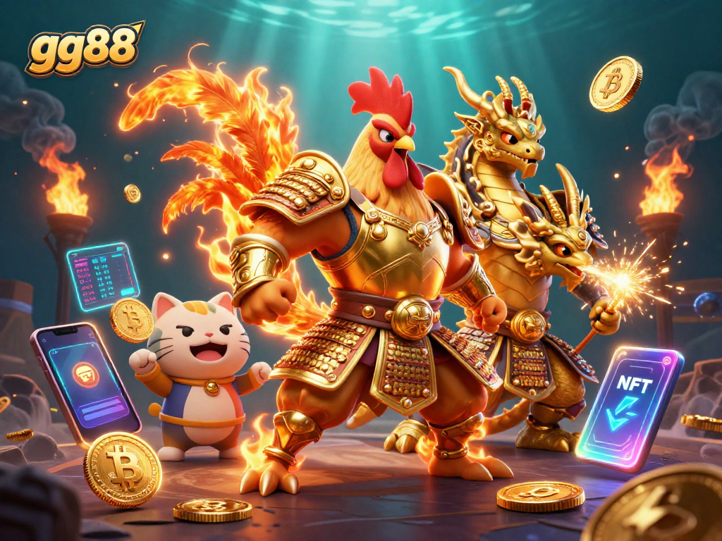 Engage in exciting cockfighting with gg88's dynamic scene featuring roaring warriors and crypto elements.
