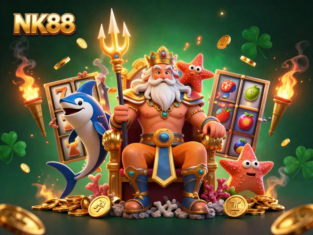 Engage in thrilling NK88 slot gaming with Neptune and vibrant casino elements in 3D.