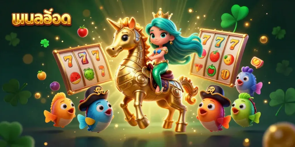 Experience แบบสล็อต with vibrant 3D scenes of decorative slot symbols surrounding vibrant cartoon characters.
