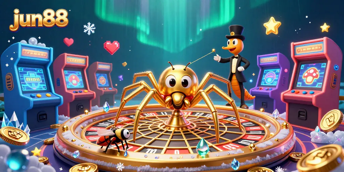 Experience thrilling gameplay with jun88 as the golden spider spins the roulette wheel in a vibrant casino.