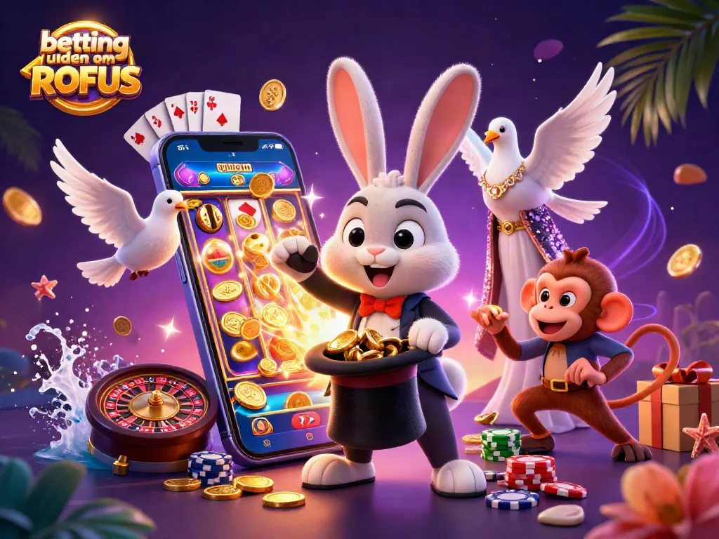 Engage in betting uden om ROFUS with a vibrant scene featuring a magician rabbit, dove, and monkey among casino games.