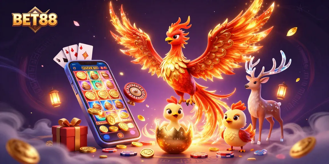 Experience the thrill of BET88 with dynamic slots, a fiery phoenix, and a mystical stag in action.
