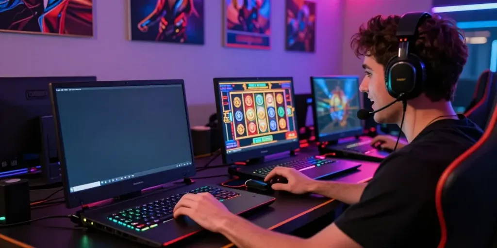 Player engaged in raja slot gaming on a vibrant setup with LED lights