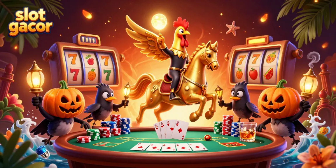 Spin and win with slot gacor in this vibrant casino scene featuring a golden rooster and poker elements.