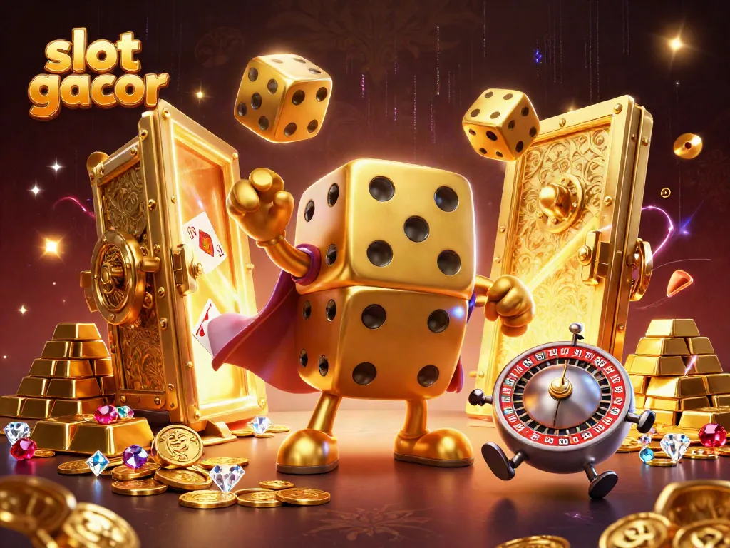 Ilustrasi slot gacor menampilkan golem dadu emas yang sedang menjuggling dadu lebih kecil.