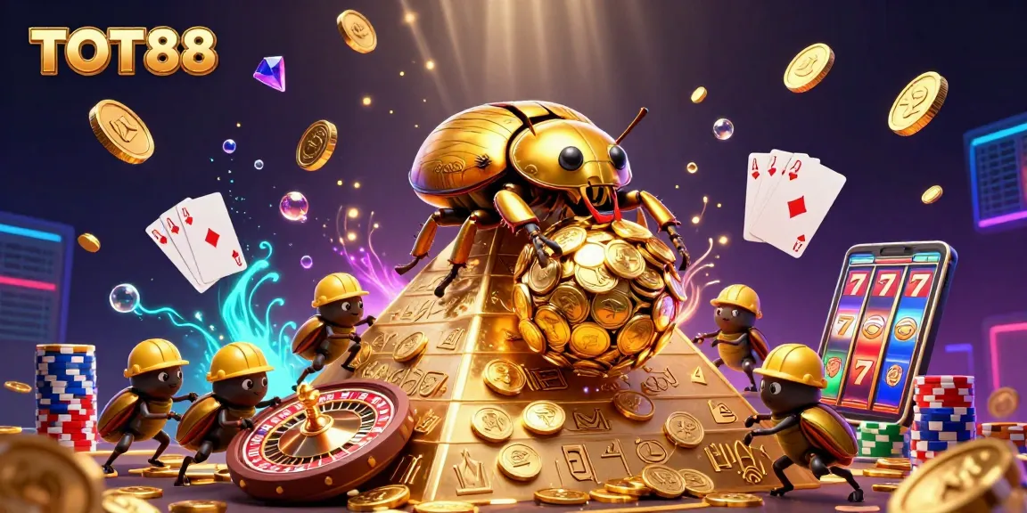 Experience thrilling gameplay with TOT88, featuring a golden dung beetle and casino symbols in a dynamic scene.