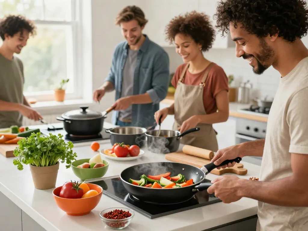 Cooking with non-stick cookware price in bangladesh reflected in a vibrant kitchen scene.