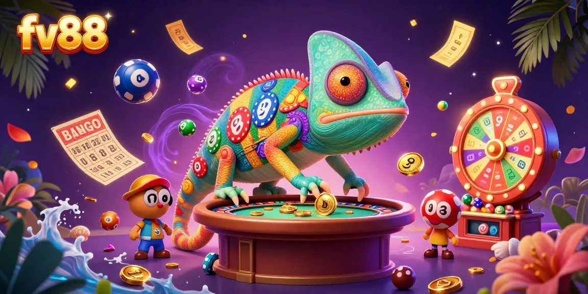 Engage in thrilling gameplay with fv88, featuring dynamic lottery balls, casino owner, and vibrant game elements.