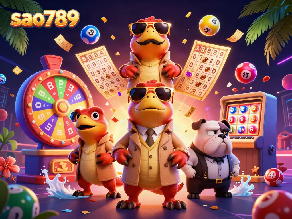 Experience the thrill of sao789 with raptors in a trench coat amusingly entering a VIP casino, complete with colorful lottery elements.