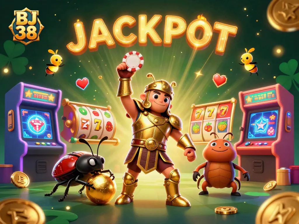 Engage with BJ 38's exciting slot action, featuring animated characters in a vibrant casino setting.