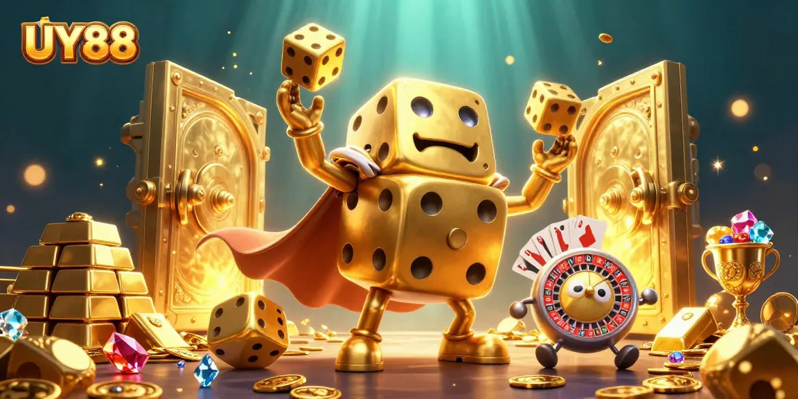 Experience UY88's thrilling gaming atmosphere with vibrant dice, gems, and golden treasures.