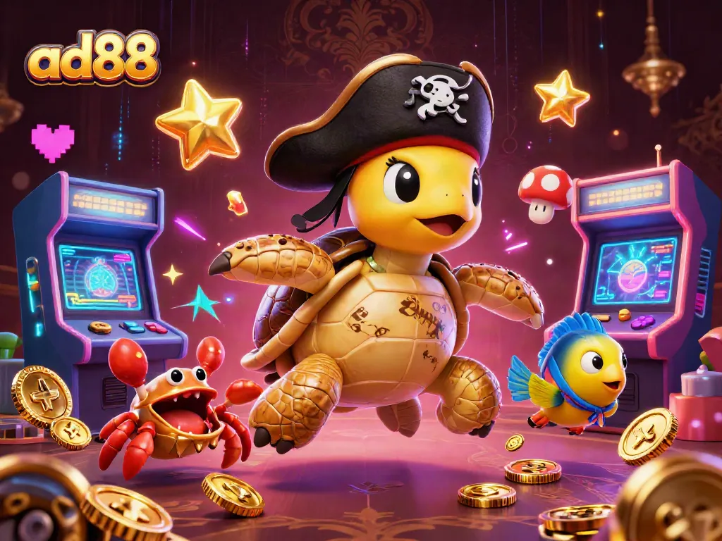 Engage with ad88's vibrant 3D illustration featuring a pirate turtle amidst casino treasures and gaming excitement.