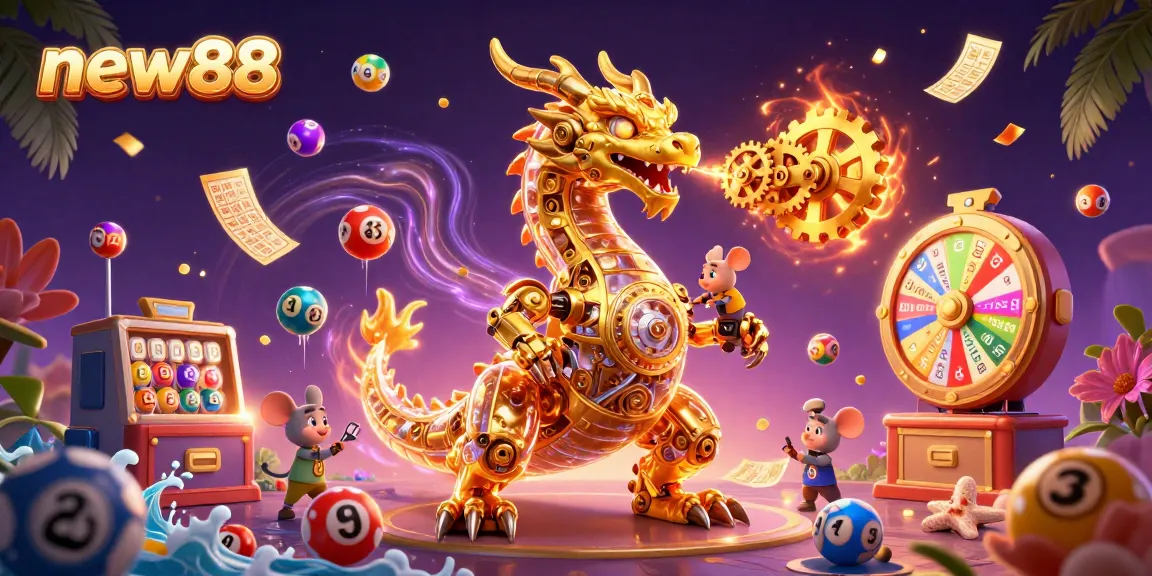 Experience the excitement of new88 with a dynamic 3D illustration showcasing thrilling lottery and casino elements in action.
