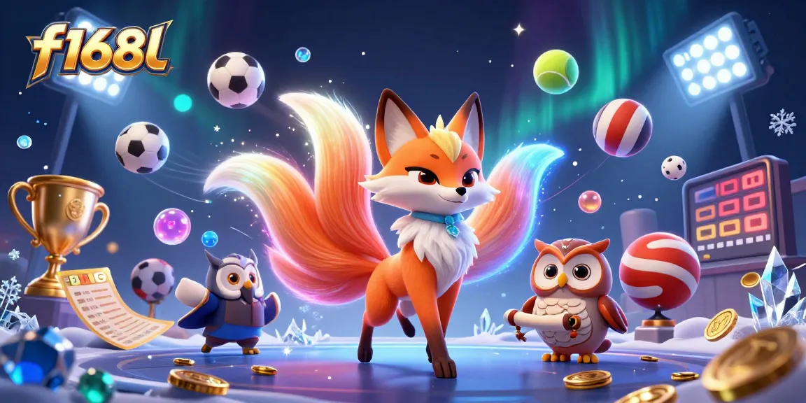 Engage with f168l, featuring a vibrant nine-tailed fox spirit and sports elements in an enchanting casino scene.