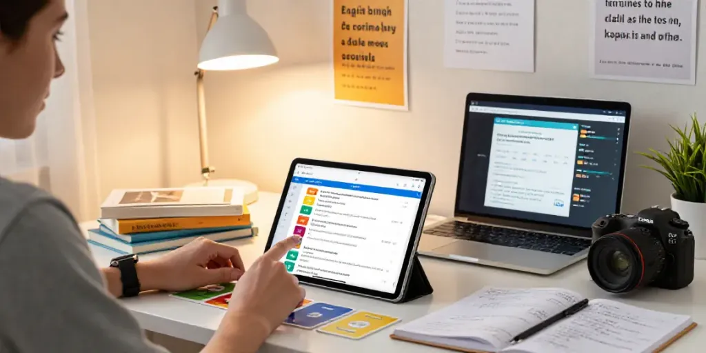 Toto online language learning course with interactive tablet and study materials.
