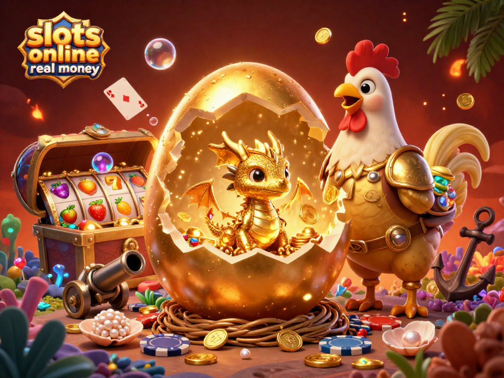Experience slots online real money excitement with a baby dragon and golden characters in a vibrant casino scene.