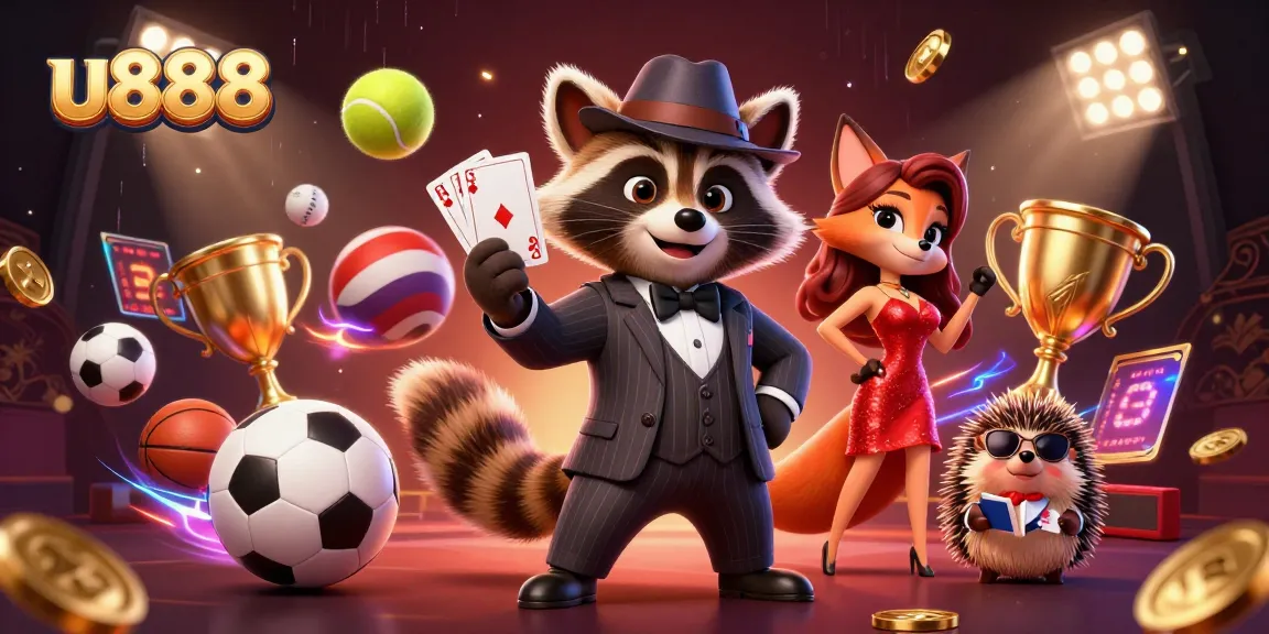 Engaging u888 gameplay scene with raccoon, fox, and hedgehog amidst vibrant sports elements