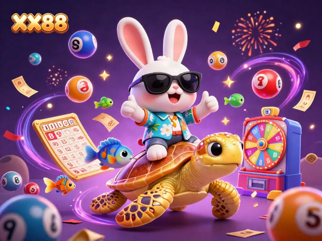 Experience excitement at XX88 with a cartoon lucky rabbit on a golden turtle amidst lottery fun.
