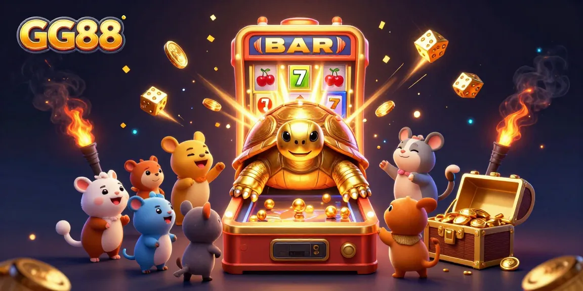 Join the fun at GG88 with a vibrant illustration showcasing a colossal arcade tortoise amidst dynamic casino elements!