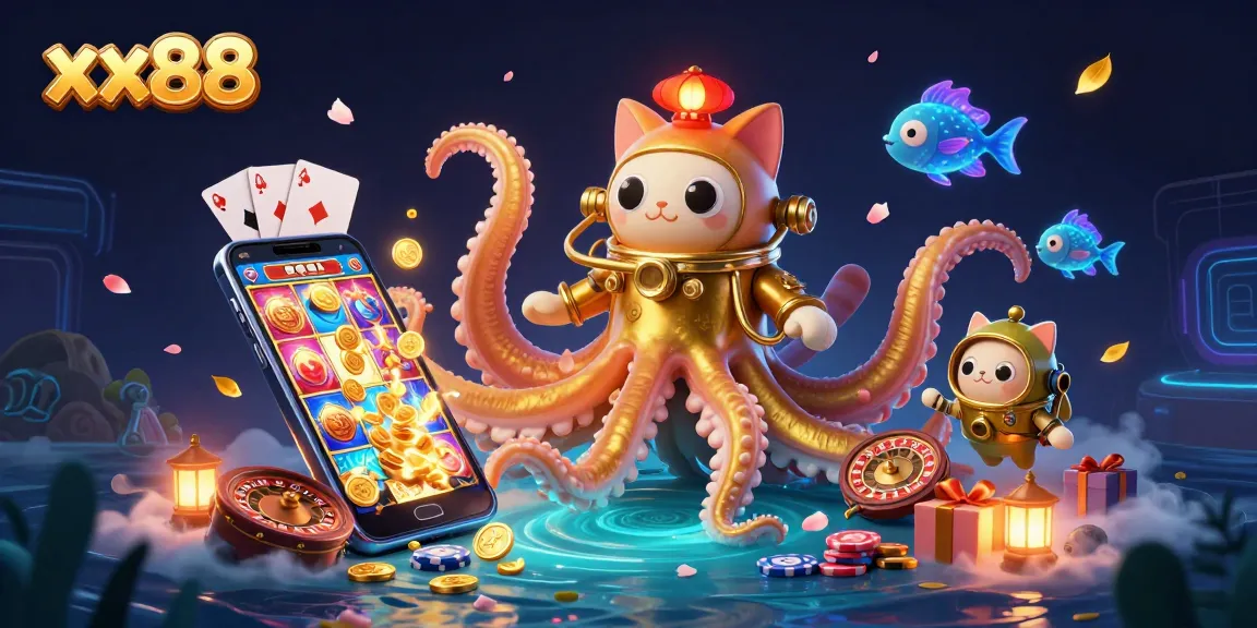 Experience the thrilling action of xx88 with a kraken, diving cat, and vibrant casino elements.