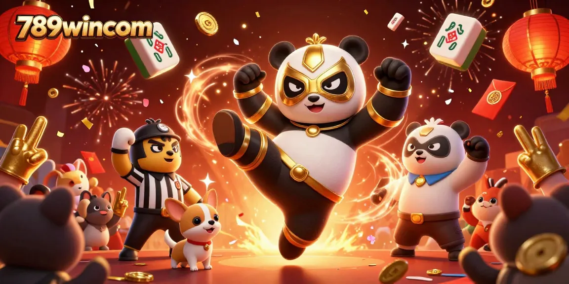 Experience the excitement of 789wincom with a dynamic scene of a panda wrestler and animal spectators in a lively casino atmosphere.